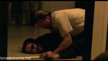 Brunette girl raped in front of mirror